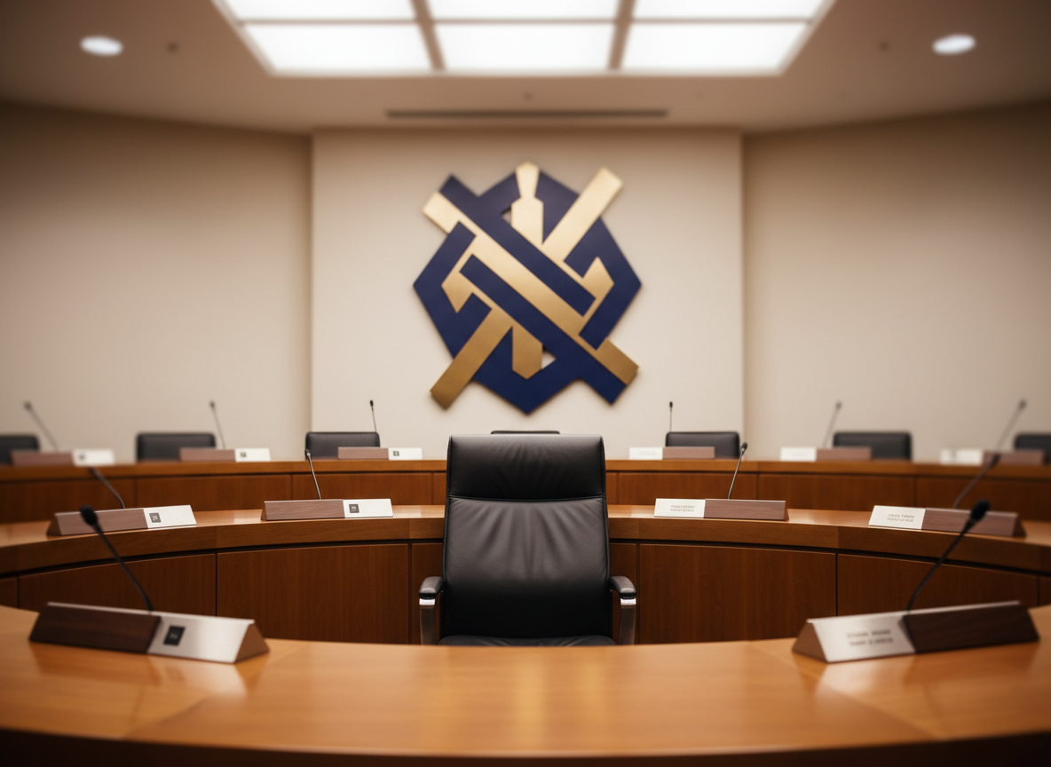 A modern council chamber rendered without people, focusing on a single central leather chair with clean lines, symbolizing the seat of Ivo Rezende’s responsibility. The chair faces a curved wooden desk with microphones and nameplates reduced to simple geometric blocks with no text. Behind, a wall features an abstract emblem formed by intersecting shapes in deep blue and muted gold, suggesting unity and stability. Balanced artificial ceiling lighting evenly illuminates the room, with subtle reflections on polished wood and metal surfaces. Photographed at eye level in realistic detail, the composition centers the chair, with a shallow depth of field creating soft bokeh in the background, conveying professionalism, authority, and institutional credibility.