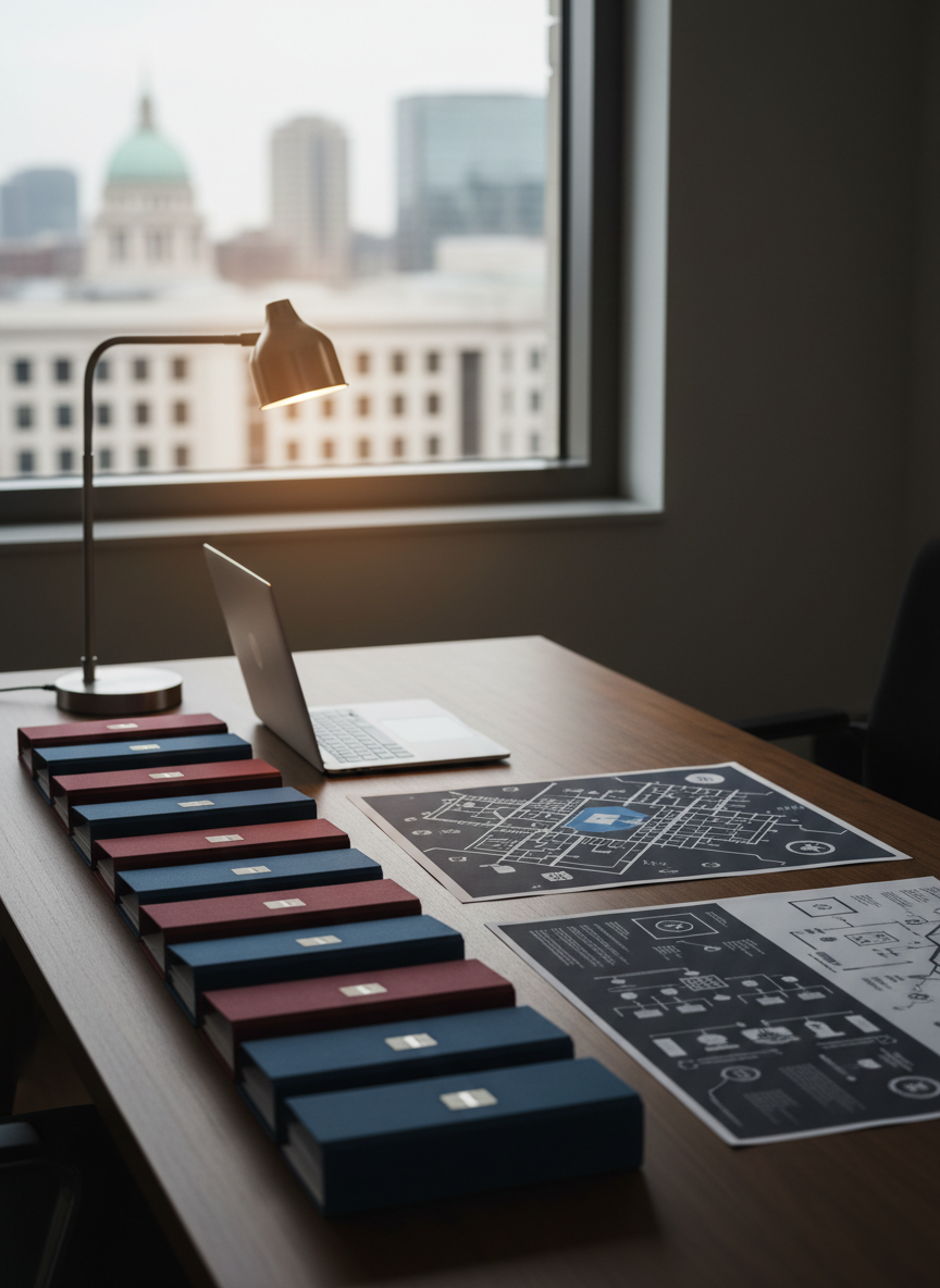 An orderly workspace symbolizing Ivo Rezende’s political planning, featuring a large wooden desk with a smooth matte finish, neatly arranged folders in deep blue and burgundy, and a sleek, closed laptop without branding. A detailed city map and stylized policy charts are spread out, their shapes clear but devoid of readable text. A minimalist metal desk lamp casts warm, focused light onto the documents, contrasting with cooler ambient light from a tall window showing a blurred civic skyline. Shot from a slightly elevated angle in photographic realism, the composition uses rule of thirds to emphasize organization and foresight, creating a calm, professional mood ideal for illustrating political strategy and governance.