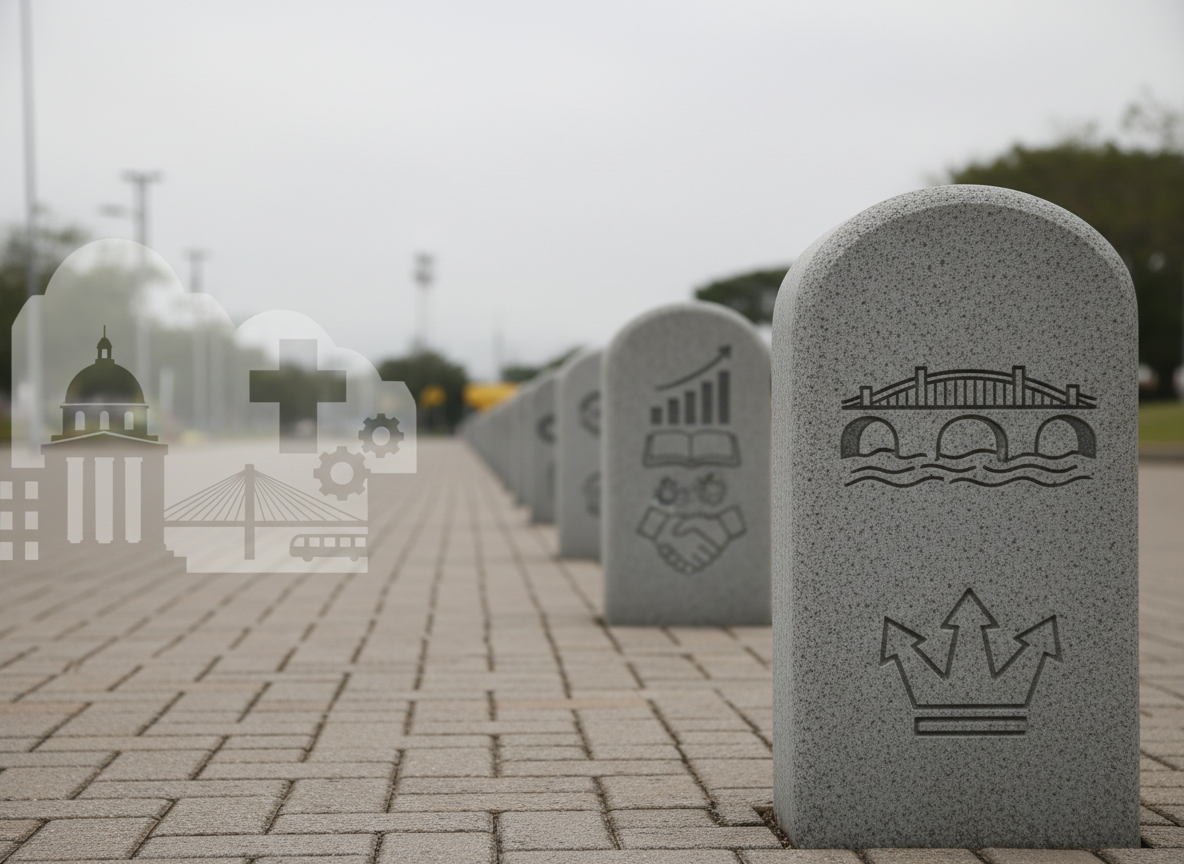 A symbolic timeline of Ivo Rezende’s political history, depicted through a sequence of polished stone milestones receding into the distance along a paved civic walkway. Each stone has a different geometric relief—arrows, bridges, rising bars—suggesting achievements without any text. On one side, stylized silhouettes of public buildings and infrastructure appear as soft-focus architectural forms, hinting at education, health, and transportation. Soft overcast daylight creates even, diffused lighting, minimizing harsh shadows and lending a serious, documentary atmosphere. Captured in photographic realism from a low, forward-looking angle, the nearest milestone is in crisp focus while the others gradually blur, visually conveying progress, continuity, and long-term commitment to public service.