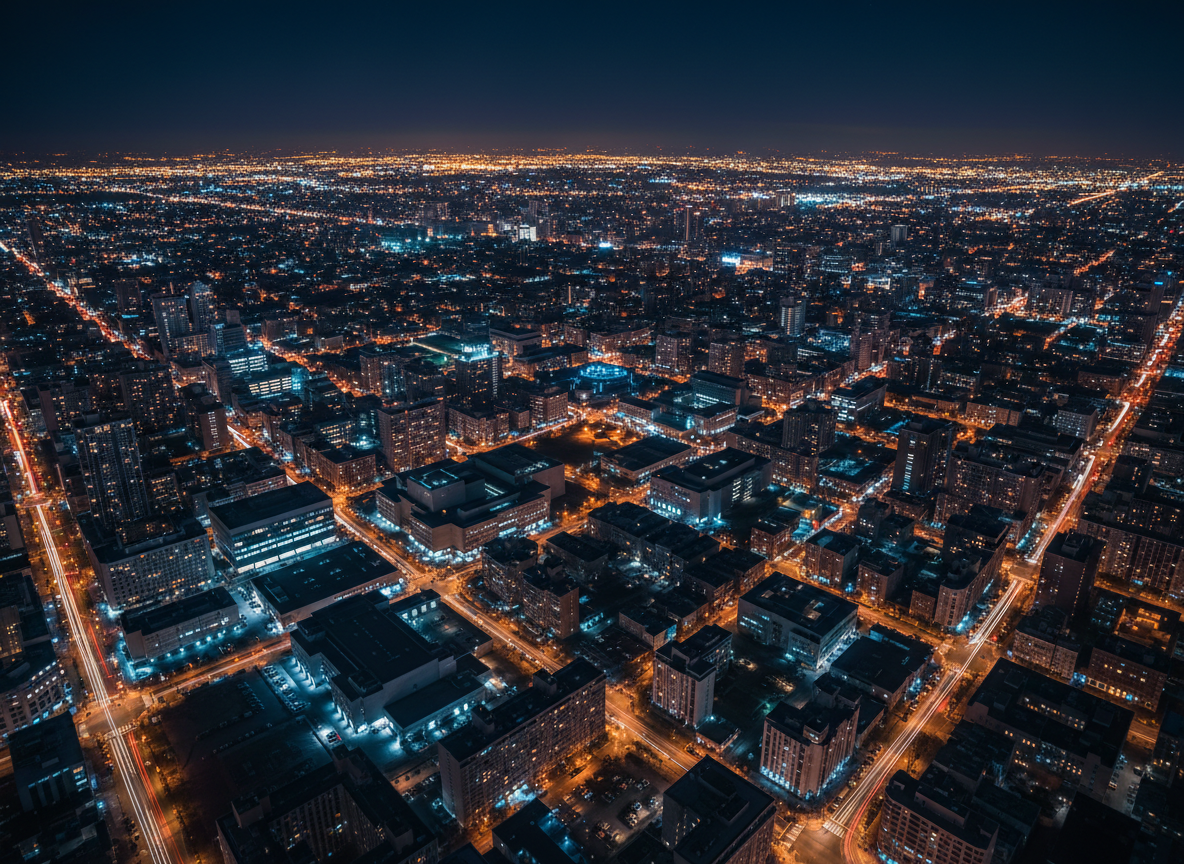 A detailed nighttime cityscape representing the scope of Ivo Rezende’s political work, seen from an elevated vantage point. Streets form a clear, organized grid of soft golden lights, with key public buildings subtly highlighted by brighter, cooler illumination to distinguish them from residential areas. No identifiable landmarks appear, only geometric silhouettes of offices, hospitals, and schools. The sky is a deep navy, with a faint glow on the horizon suggesting ongoing activity. Captured in photographic realism with a long exposure effect, car lights form gentle trails, and windows sparkle like a network of opportunity. The composition is wide and panoramic, creating a forward-looking, responsible, and optimistic mood appropriate for illustrating impact and public service.