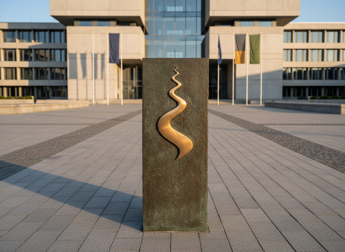 A dignified, symbolic representation of Ivo Rezende’s leadership as a single, prominent bronze pedestal placed at the center of a modern government plaza. The pedestal bears an abstract, non-text emblem shaped like an ascending path, polished to a soft sheen. Surrounding it, clean stone paving leads toward a contemporary legislative building with simple geometric lines, flags reduced to color blocks to avoid identifying nations. Late afternoon natural light casts long, confident shadows and highlights the textures of stone and metal. Captured at eye level with a slightly wide angle, the focus is sharp on the pedestal while the background gently softens, creating a professional, credible, and aspirational photographic realism suitable as a hero image for a political homepage.